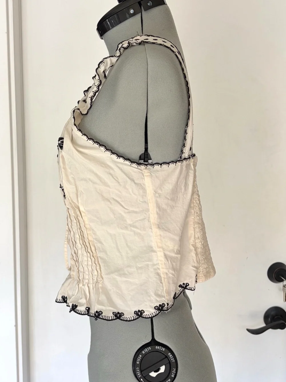 Free People Cotton Embroidered Camisole, lacing and pleat detail, smocked, S,EUC